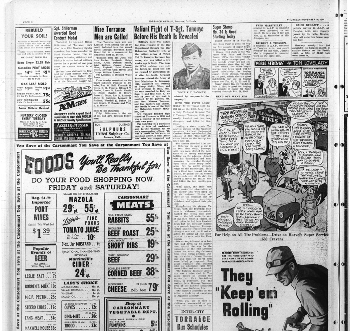 Article that was not cleared for publication until after the death of Sergeant Tanouye Torrance Herald Thursday, November 16, 1944 Click here to read