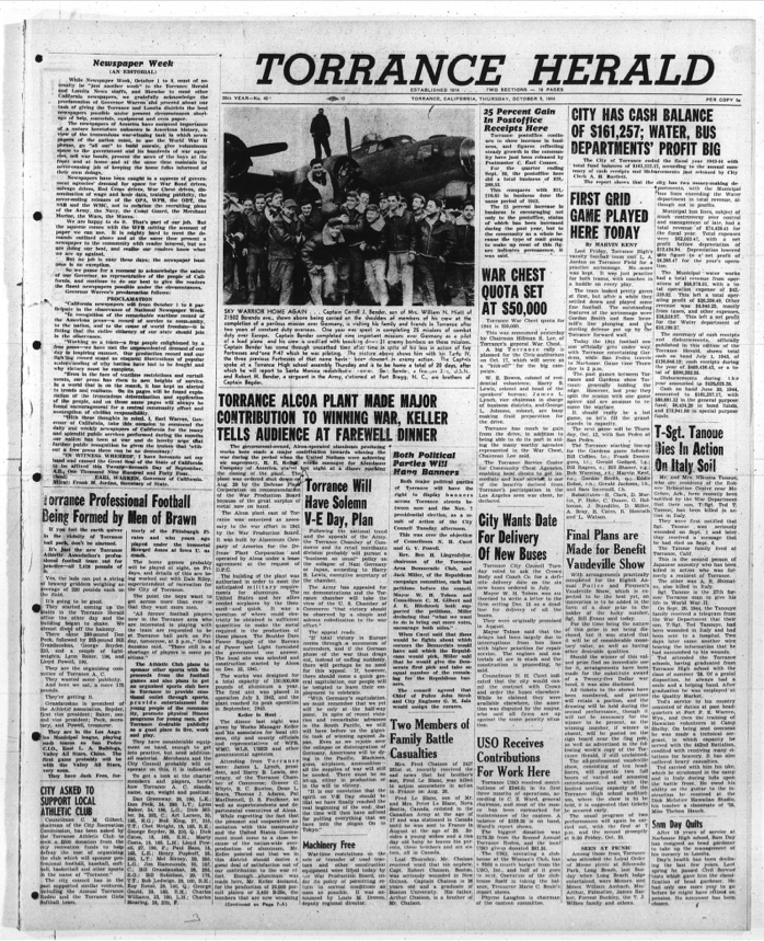 Article on the death of Sergeant Tanouye Torrance Herald Thursday, October 5, 1944