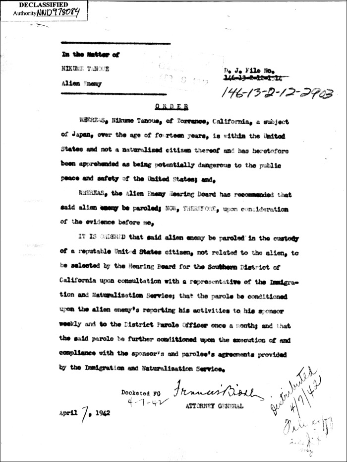 Nikuma Tanouye's parole release document from Tuna Canyon Detention Station From the National Archives at College Park