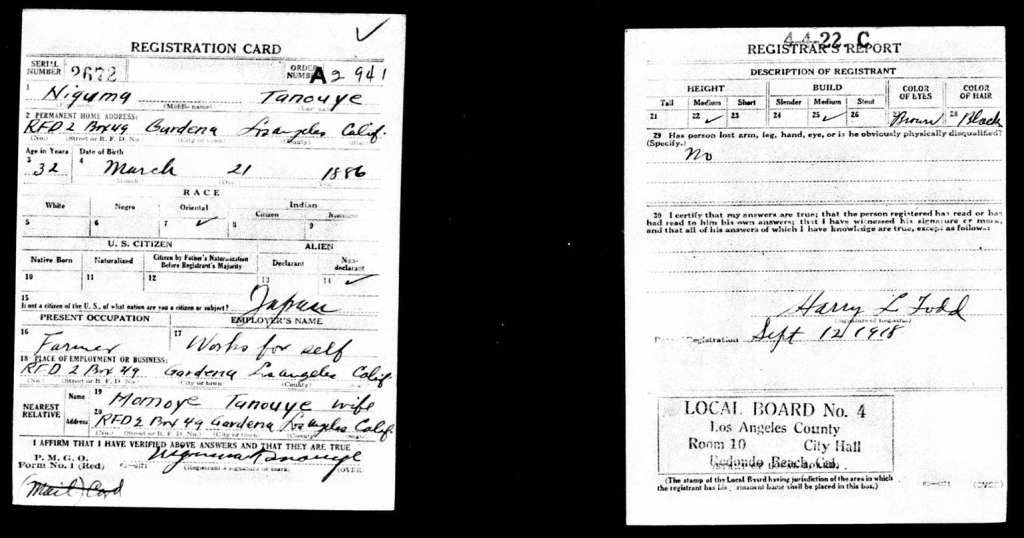 Copy of the WWI Registration Card for Nikuma Tanouye