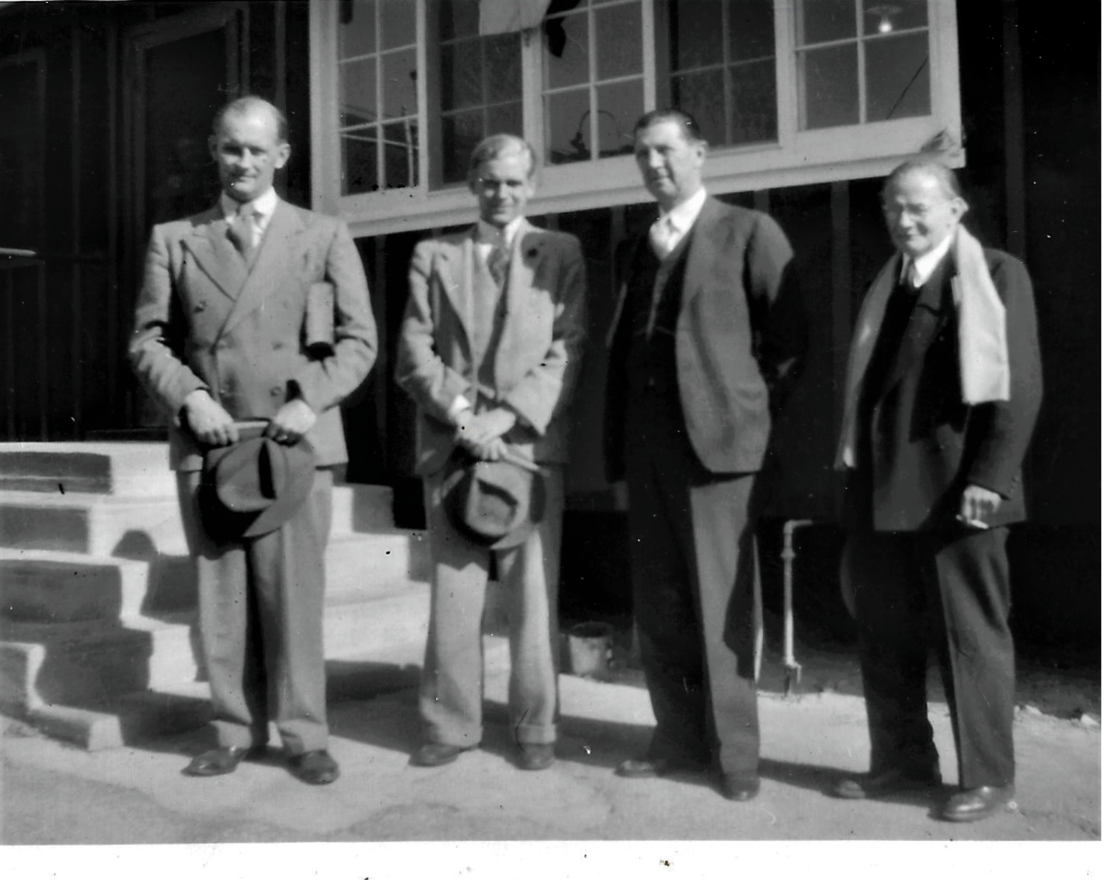 Photo taken on release from Tuna Canyon, 18 January 1943 with from left to right Arnold Bergstraesser, Fritz Caspari, Merrill Scott and Karl Vollmoeller