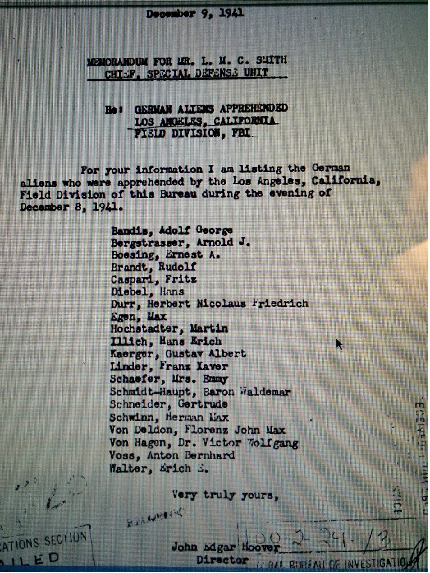 German aliens arrest list sent by J Edgar Hoover, FBI Director to FBI Los Angeles, 9 December 1941