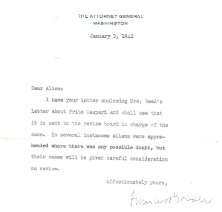 Letter about FC case from Francis Biddle, US Attorney General, Washington D.C. , January 3 1942