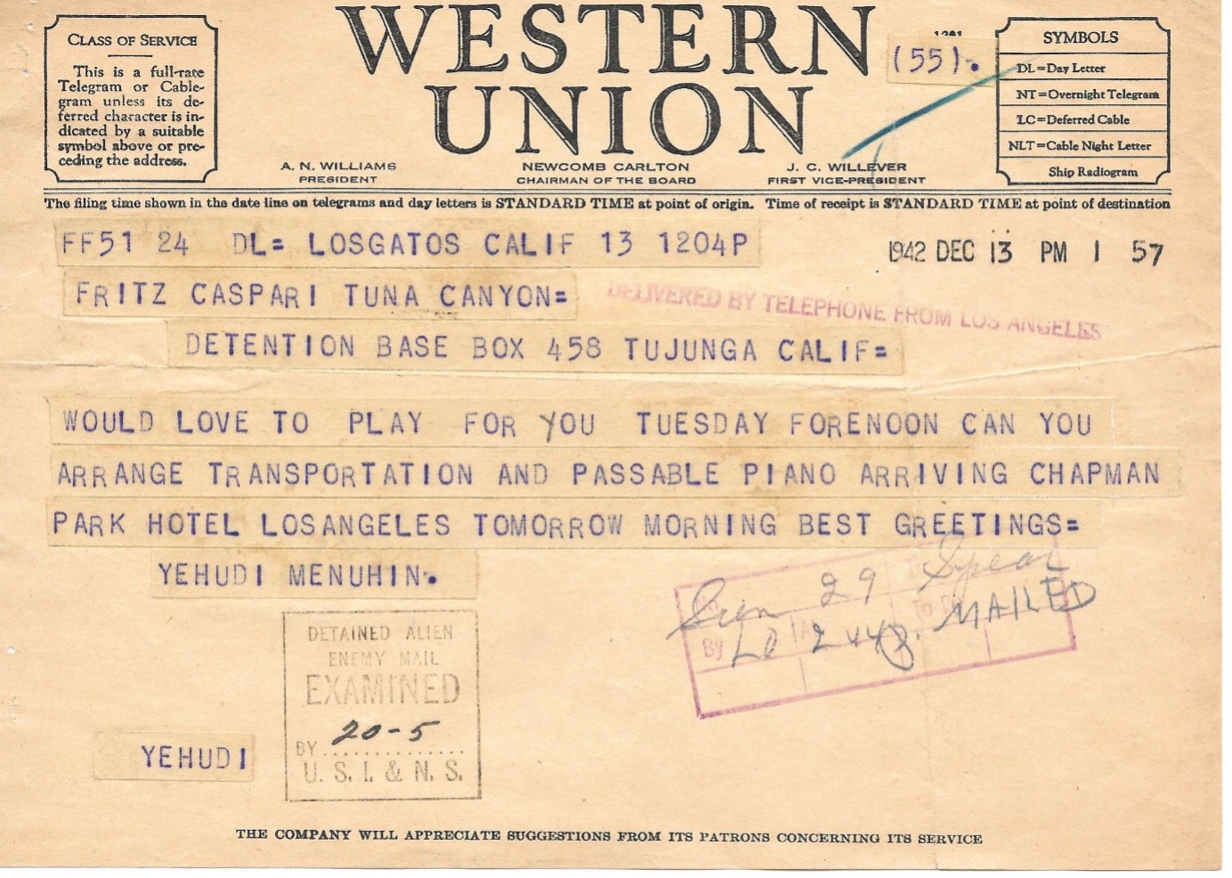 Telegram from Yehudi Menuhin to Fritz Caspari, Tuna Canyon, December 13 1942